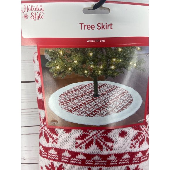 Holiday Style Knit Christmas Tree Skirt 40” White Fur Trim Nordic Print Snowflak - Picture 3 of 7